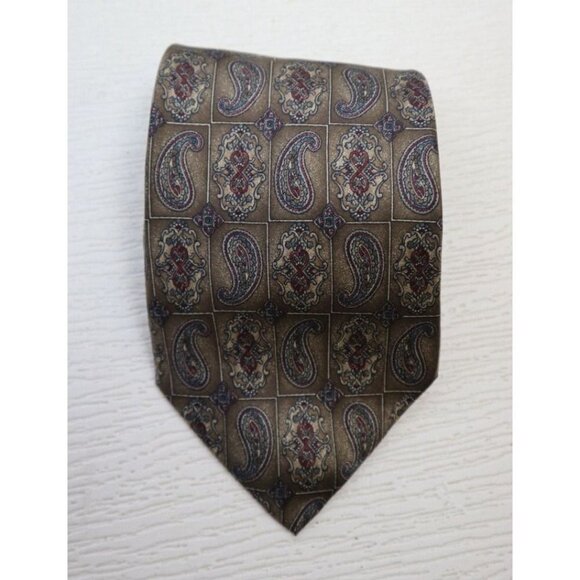 SAVILLE ROW - MEN'S BROWN BEIGE GRAY RED  PRINT  100% SILK TIE - - Picture 1 of 7